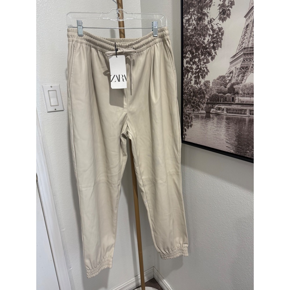Zara Faux Leather Joggers Cream beige Elastic Waist Pants 8372/220/712 Mens L